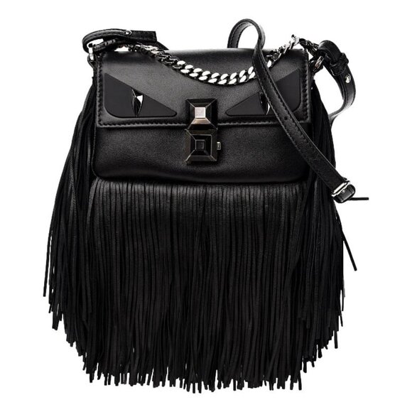 Fendi Nappa Leather Monster Micro Baguette Fringe Crossbody Bag Black Authentic - Picture 1 of 17